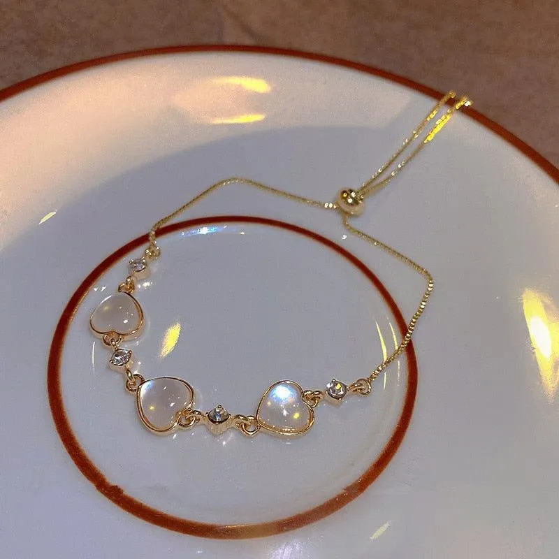 Crystal Charm Bracelets for Women - Gold Colour Beaded Chain Double Layered Adjustable Bracelets Jewellery