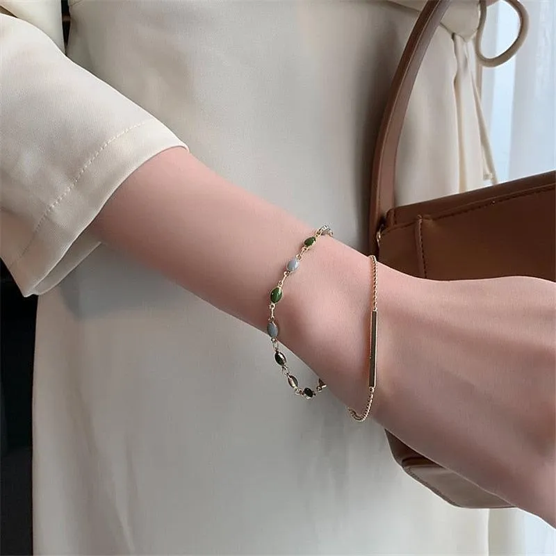 Crystal Charm Bracelets for Women - Gold Colour Beaded Chain Double Layered Adjustable Bracelets Jewellery