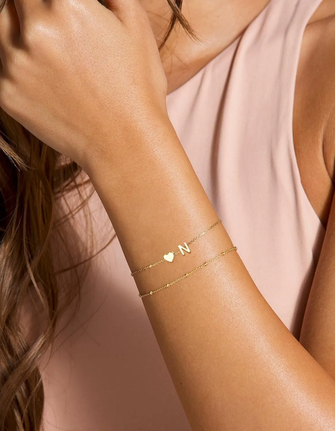Dainty Initial Heart Gold Bracelets for Women Trendy, 14K Real Gold Letter Charm Bracelet Jewelry (Letter K)