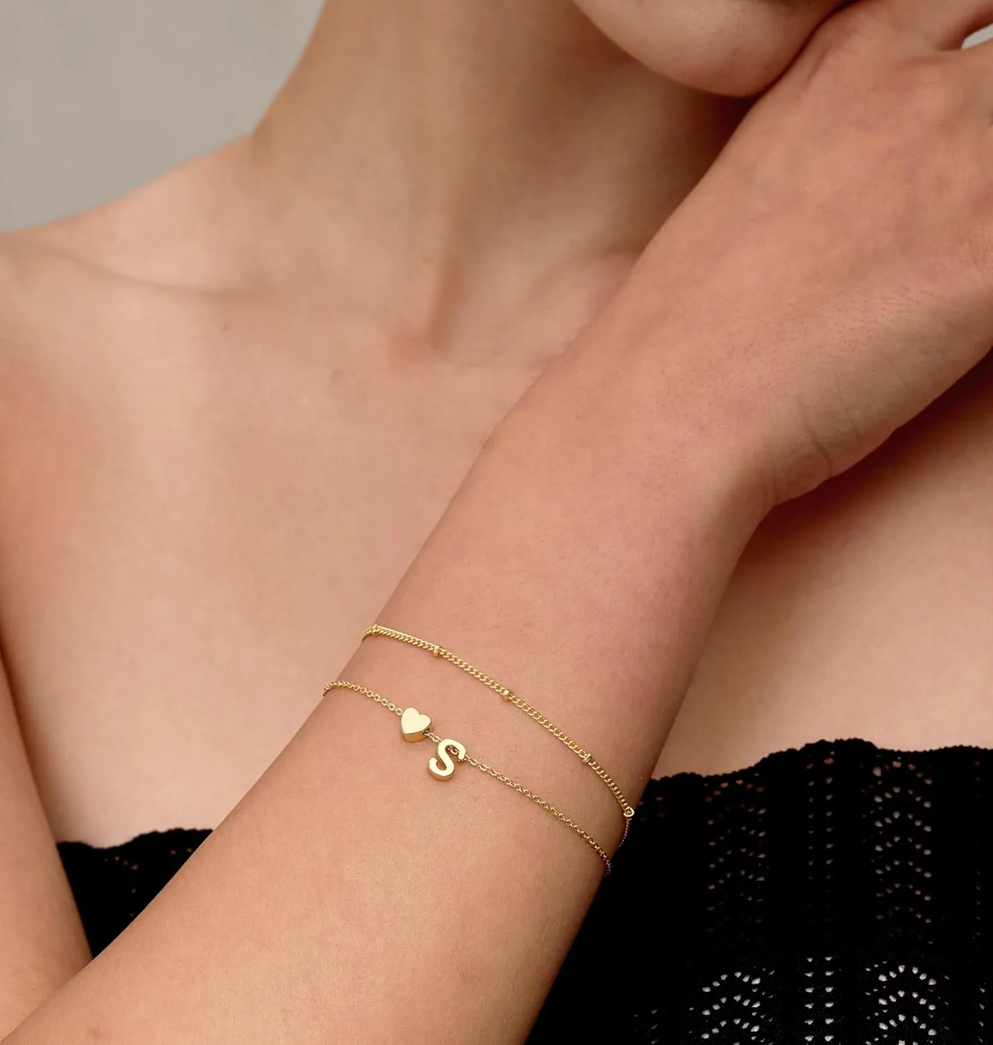 Dainty Initial Heart Gold Bracelets for Women Trendy, 14K Real Gold Letter Charm Bracelet Jewelry (Letter K)