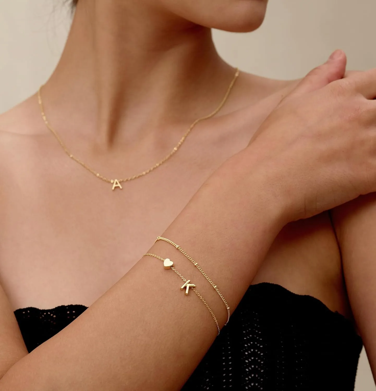 Dainty Initial Heart Gold Bracelets for Women Trendy, 14K Real Gold Letter Charm Bracelet Jewelry (Letter K)