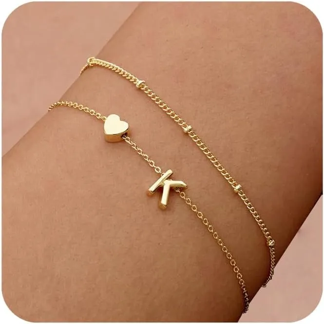 Dainty Initial Heart Gold Bracelets for Women Trendy, 14K Real Gold Letter Charm Bracelet Jewelry (Letter K)