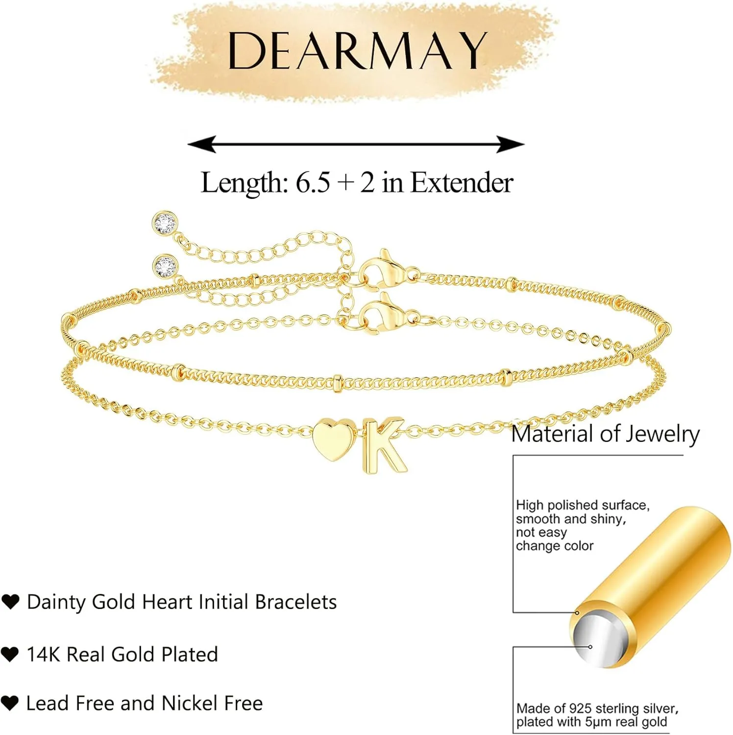 Dainty Initial Heart Gold Bracelets for Women Trendy, 14K Real Gold Letter Charm Bracelet Jewelry (Letter K)