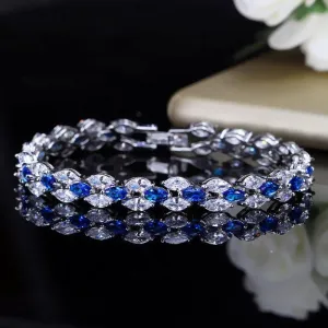 DAZZLING Trendy Royal Big Marquise Blue AAA  Cubic Zirconia Simulated Diamonds Silver Color Tennis Bracelet