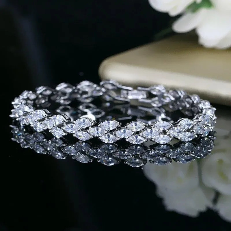 DAZZLING Trendy Royal Big Marquise Blue AAA  Cubic Zirconia Simulated Diamonds Silver Color Tennis Bracelet