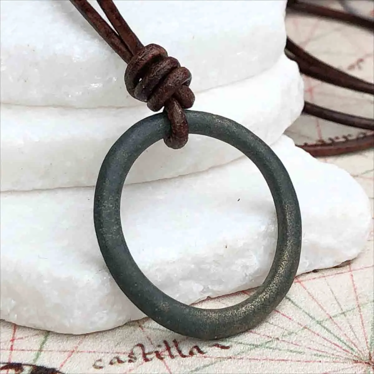 Deepest Green Bronze Celtic Ring Money Leather Necklace | Artifact #3392