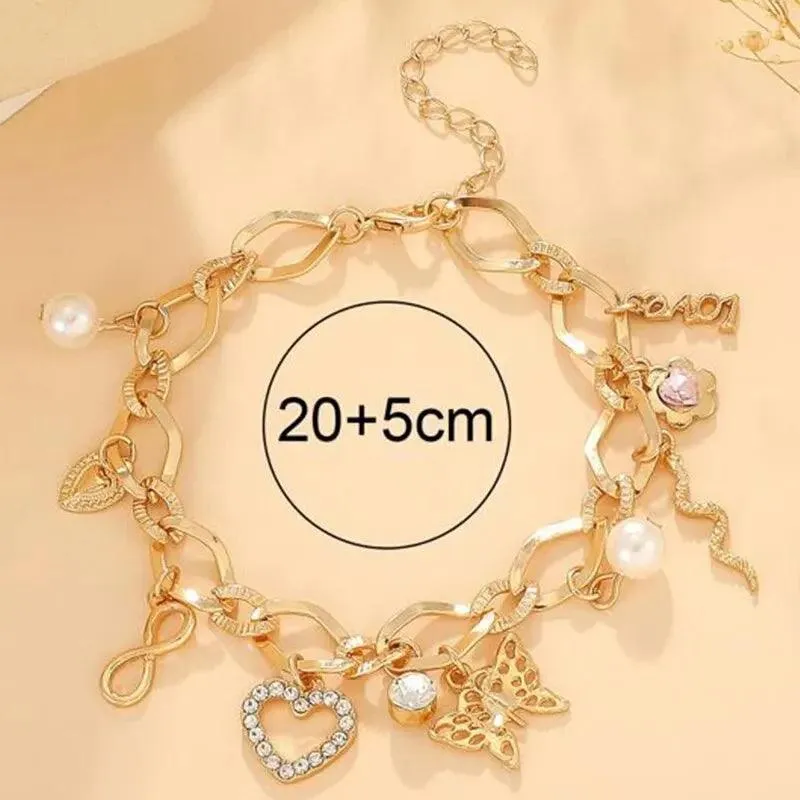 Designer Style Big Chain Pearl Metal Heart Gold Colour Trendy Lovely Charm Bracelets for Women Fashion Jewellery