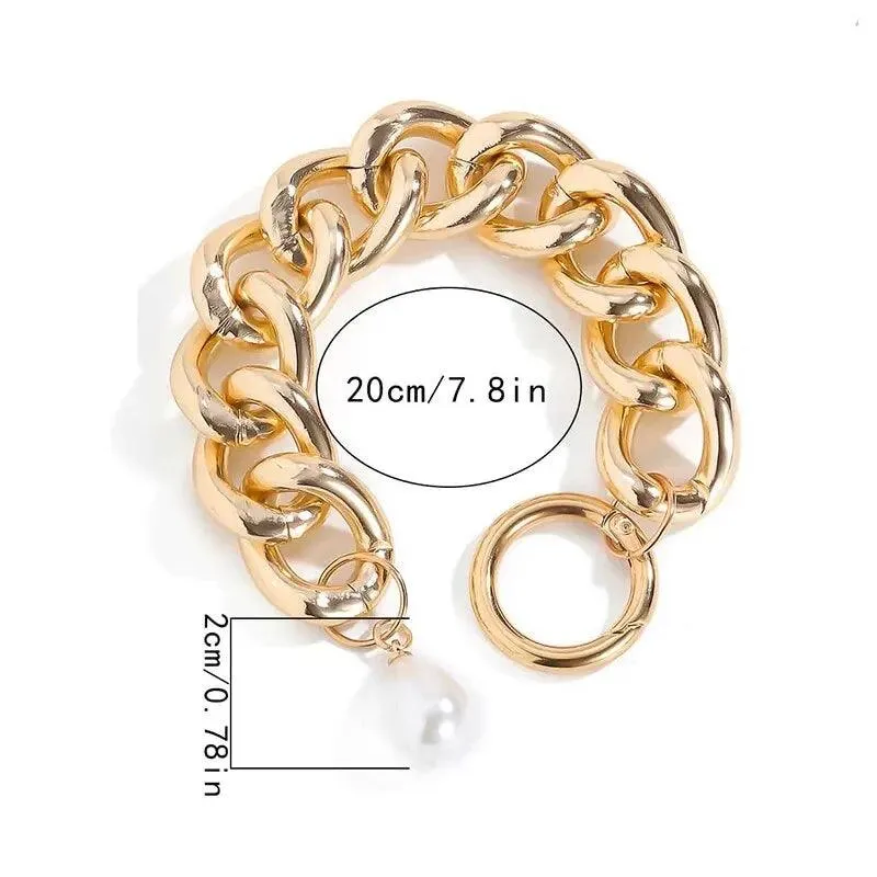 Designer Style Big Chain Pearl Metal Heart Gold Colour Trendy Lovely Charm Bracelets for Women Fashion Jewellery