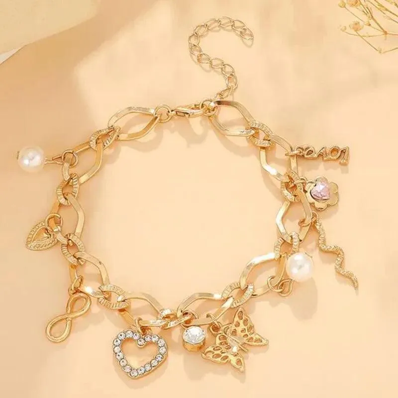 Designer Style Big Chain Pearl Metal Heart Gold Colour Trendy Lovely Charm Bracelets for Women Fashion Jewellery