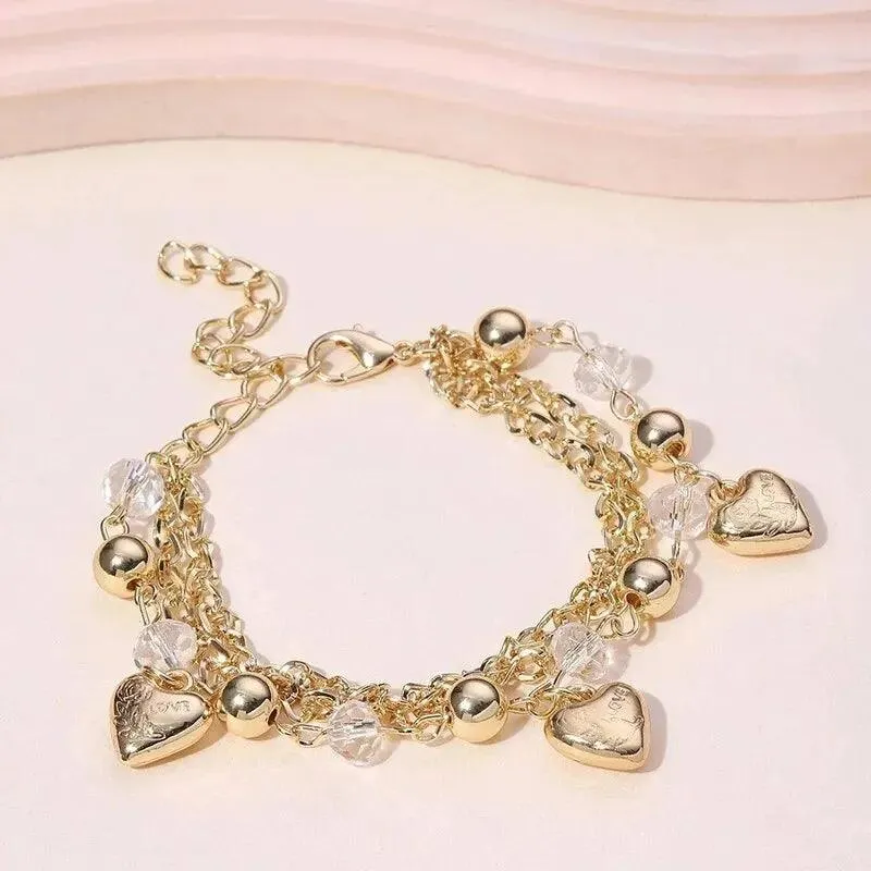 Designer Style Big Chain Pearl Metal Heart Gold Colour Trendy Lovely Charm Bracelets for Women Fashion Jewellery