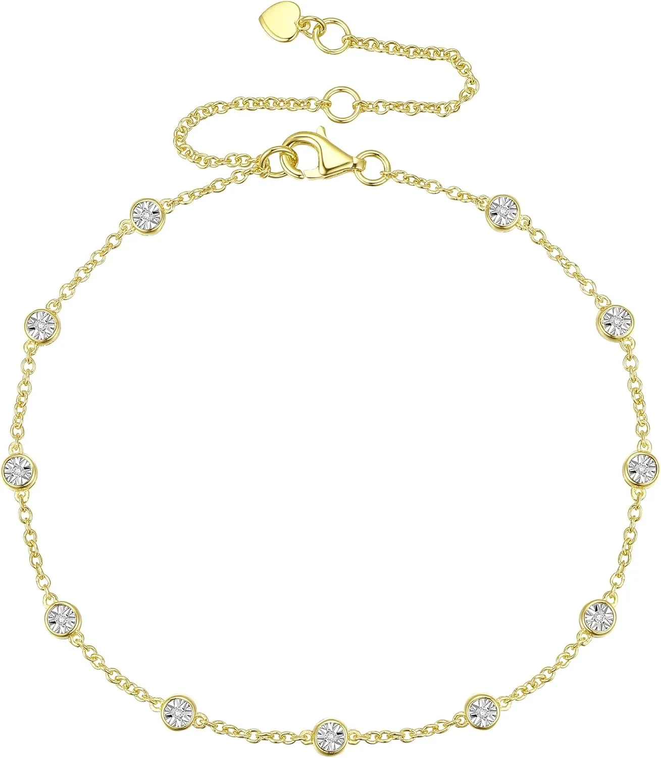 Diamond Bezel Bracelet, Adjustable Cable Chain, 11 Round Bezel Diamonds, 6.5/7.5/8.5 Chain Length, 14K Rose Gold-plated Sterling Silver/14K Gold-plated Sterling Silver/Sterling Silver