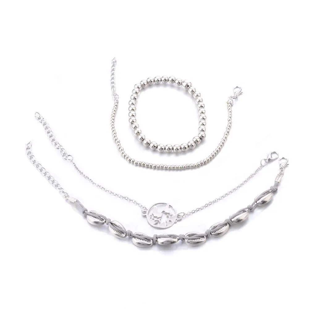 DIEZI 4pcs/set Bohemian Silver Chain Beads Bracelets | Vintage Fashion Ocean Map Shell Bracelets Bangles Sets For Women
