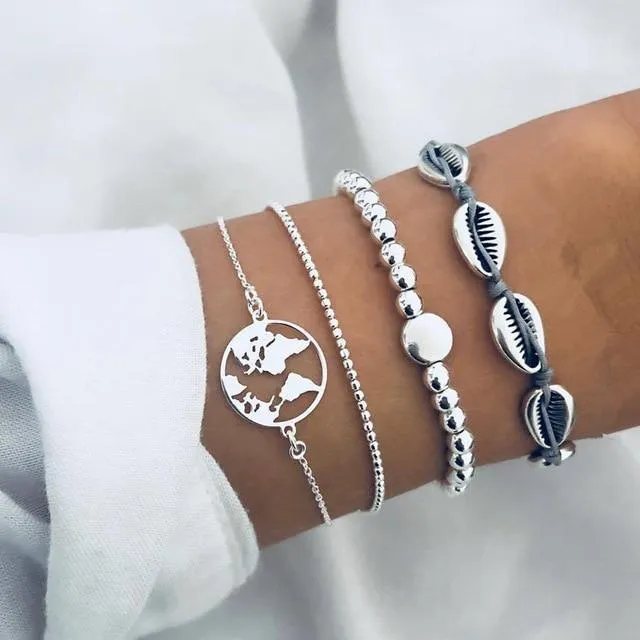 DIEZI 4pcs/set Bohemian Silver Chain Beads Bracelets | Vintage Fashion Ocean Map Shell Bracelets Bangles Sets For Women