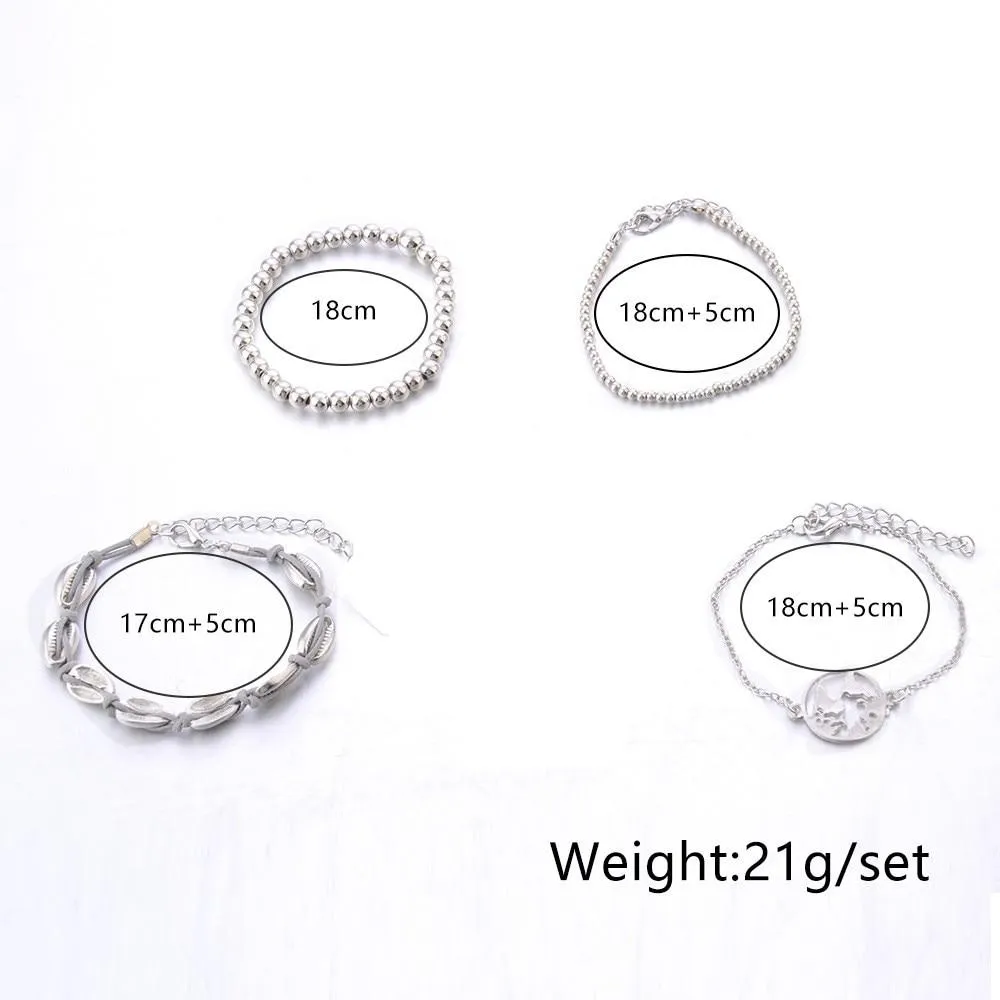 DIEZI 4pcs/set Bohemian Silver Chain Beads Bracelets | Vintage Fashion Ocean Map Shell Bracelets Bangles Sets For Women