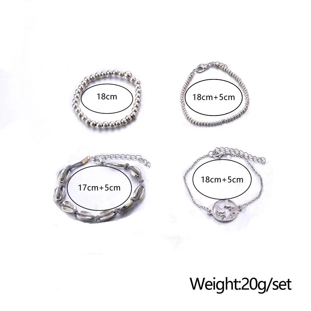 DIEZI 4pcs/set Bohemian Silver Chain Beads Bracelets | Vintage Fashion Ocean Map Shell Bracelets Bangles Sets For Women