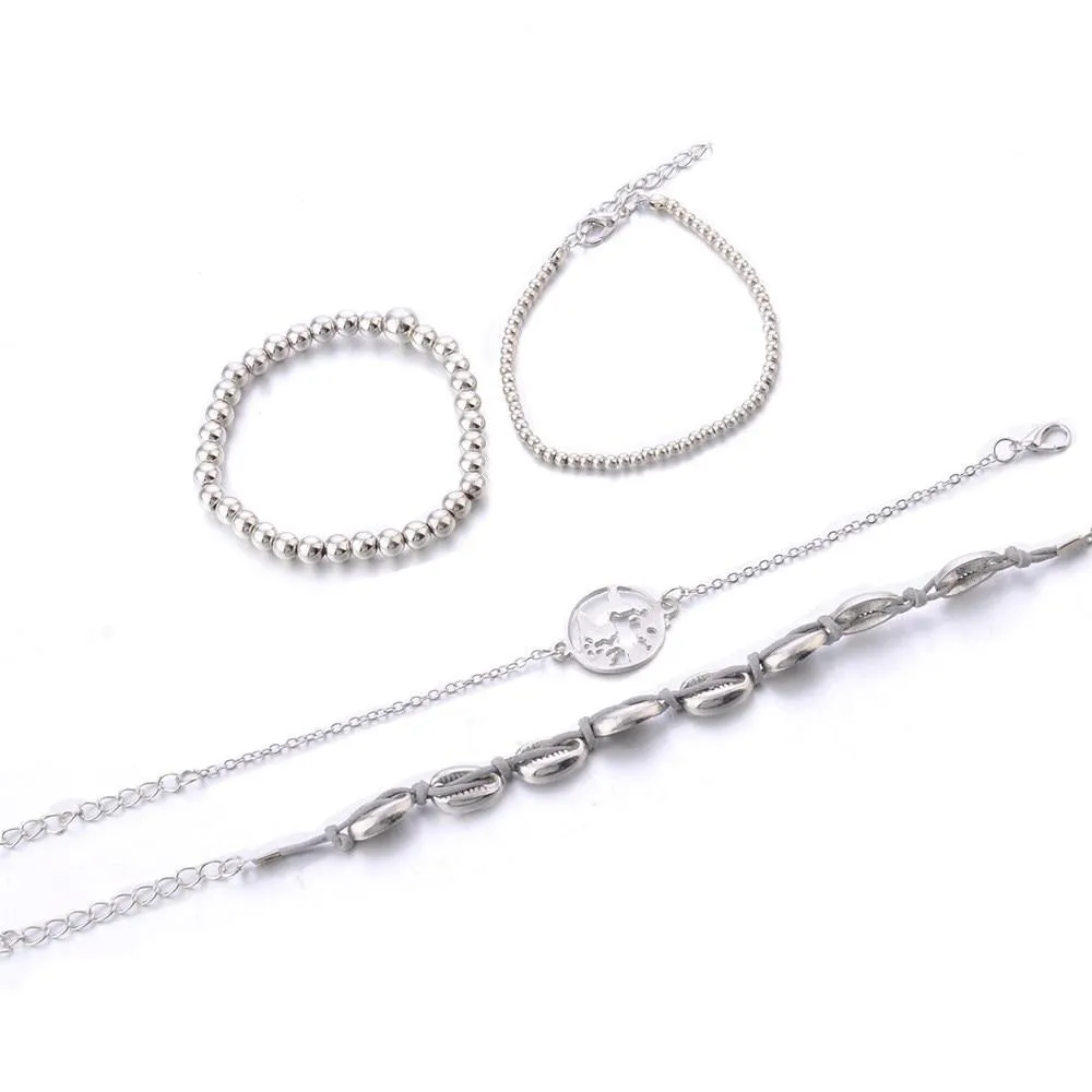 DIEZI 4pcs/set Bohemian Silver Chain Beads Bracelets | Vintage Fashion Ocean Map Shell Bracelets Bangles Sets For Women