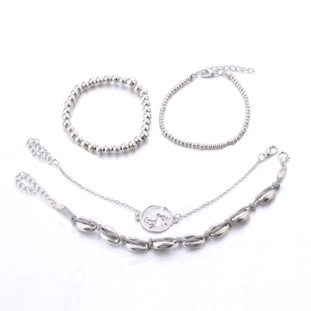 DIEZI 4pcs/set Bohemian Silver Chain Beads Bracelets | Vintage Fashion Ocean Map Shell Bracelets Bangles Sets For Women