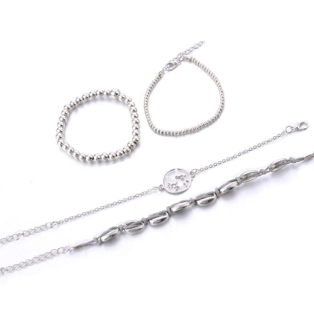 DIEZI 4pcs/set Bohemian Silver Chain Beads Bracelets | Vintage Fashion Ocean Map Shell Bracelets Bangles Sets For Women