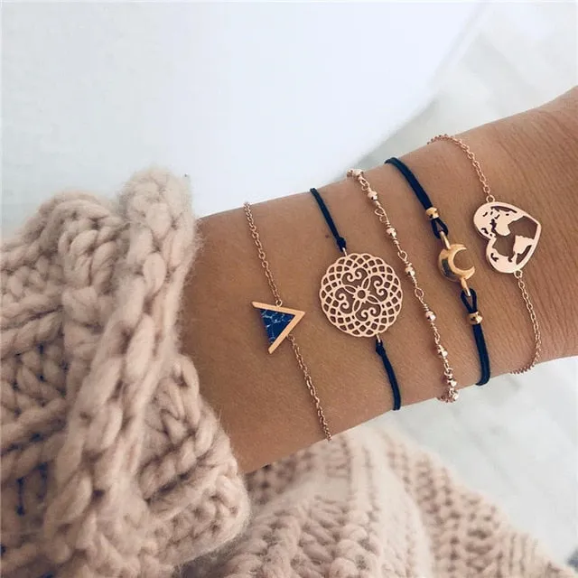 DIEZI Bohemian Black Beads Chain Bracelets Bangles For Women Fashion Heart Compass Gold Color Chain Bracelets Sets Jewelry Gifts