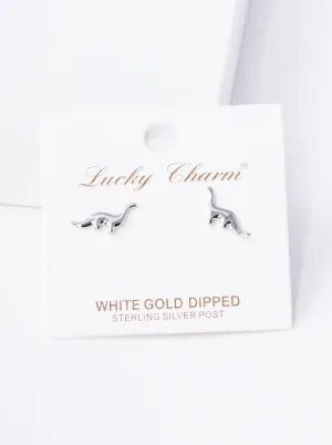 Dinosaur Post Earrings - Sterling Silver White Gold Dipped