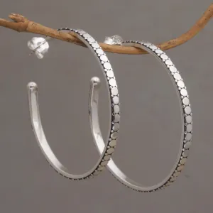 Dotted Line Sleek Half-Hoop Post Earrings in Sterling Silver