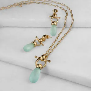 Droplette - Snaffle Horse Bit Aqua Chalcedony Gemstone and 14K Gold on Sterling Silver Necklace