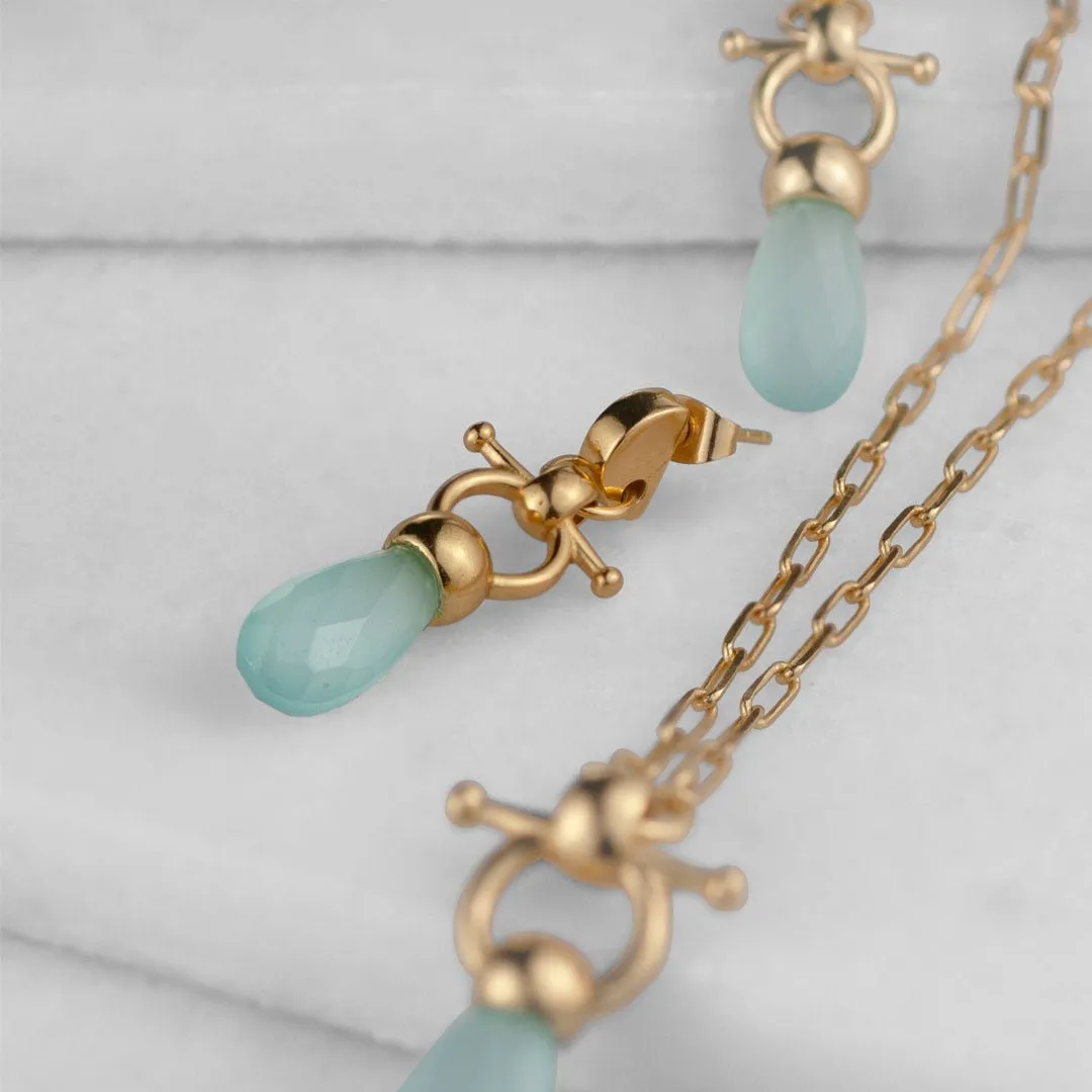 Droplette - Snaffle Horse Bit Aqua Chalcedony Gemstone and 14K Gold on Sterling Silver Necklace