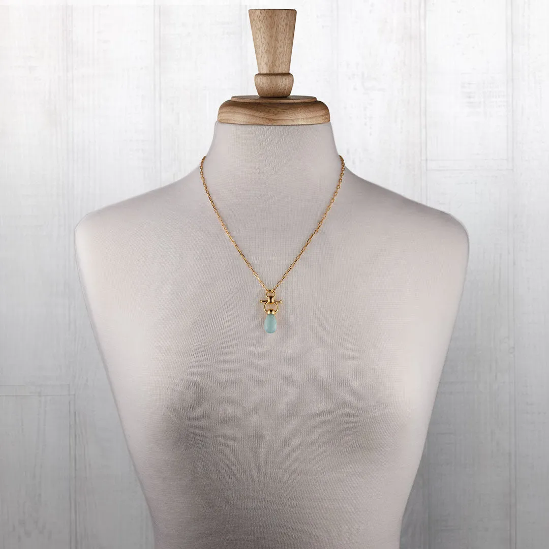 Droplette - Snaffle Horse Bit Aqua Chalcedony Gemstone and 14K Gold on Sterling Silver Necklace