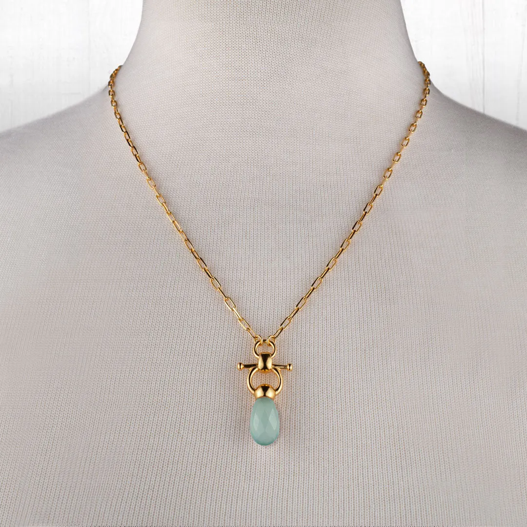 Droplette - Snaffle Horse Bit Aqua Chalcedony Gemstone and 14K Gold on Sterling Silver Necklace