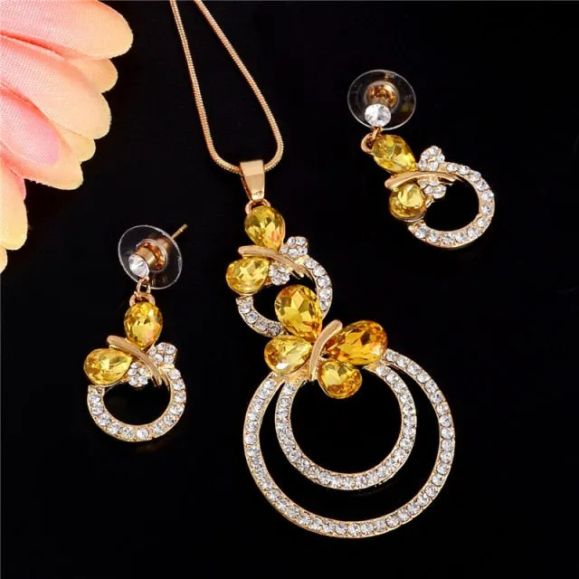 Exquisite Full CZ Crystal Pendants Necklace Earrings Sets