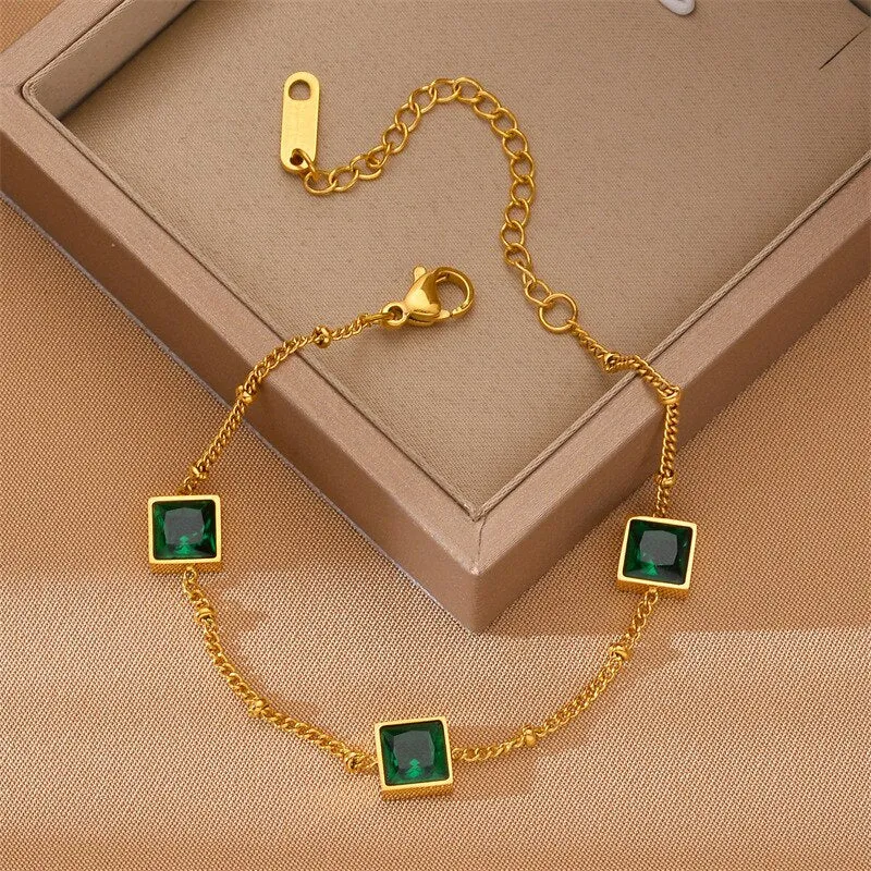 Fashion Green Zircon Geometric Beaded Charm Chain Bracelets Choker Necklaces For Women