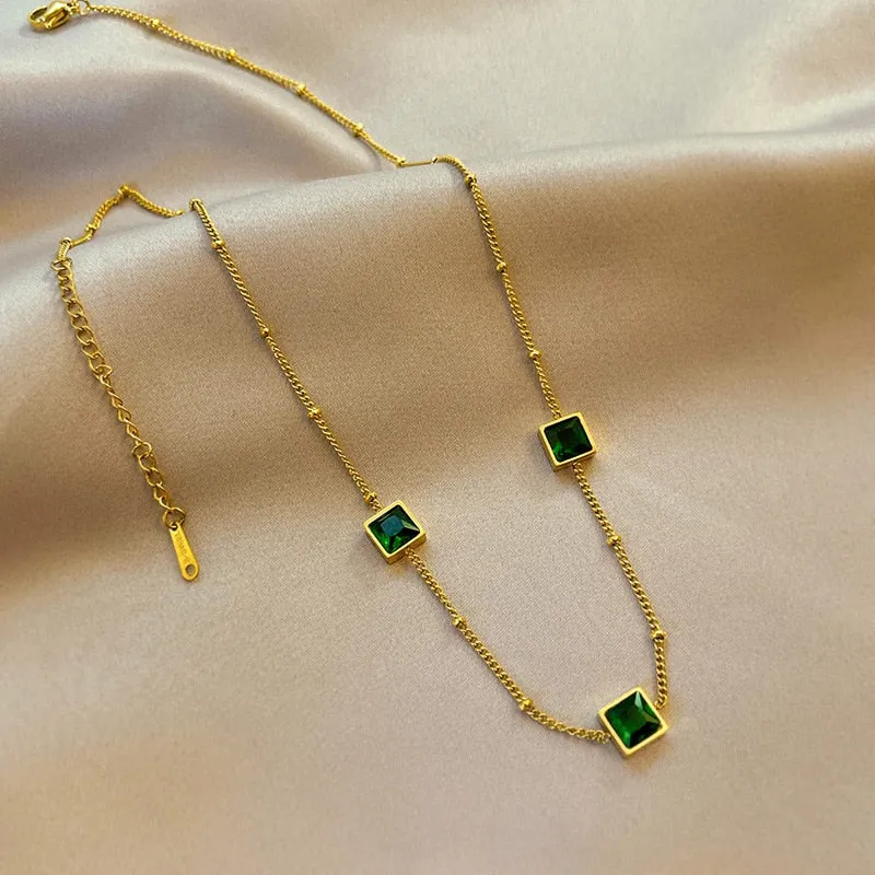 Fashion Green Zircon Geometric Beaded Charm Chain Bracelets Choker Necklaces For Women