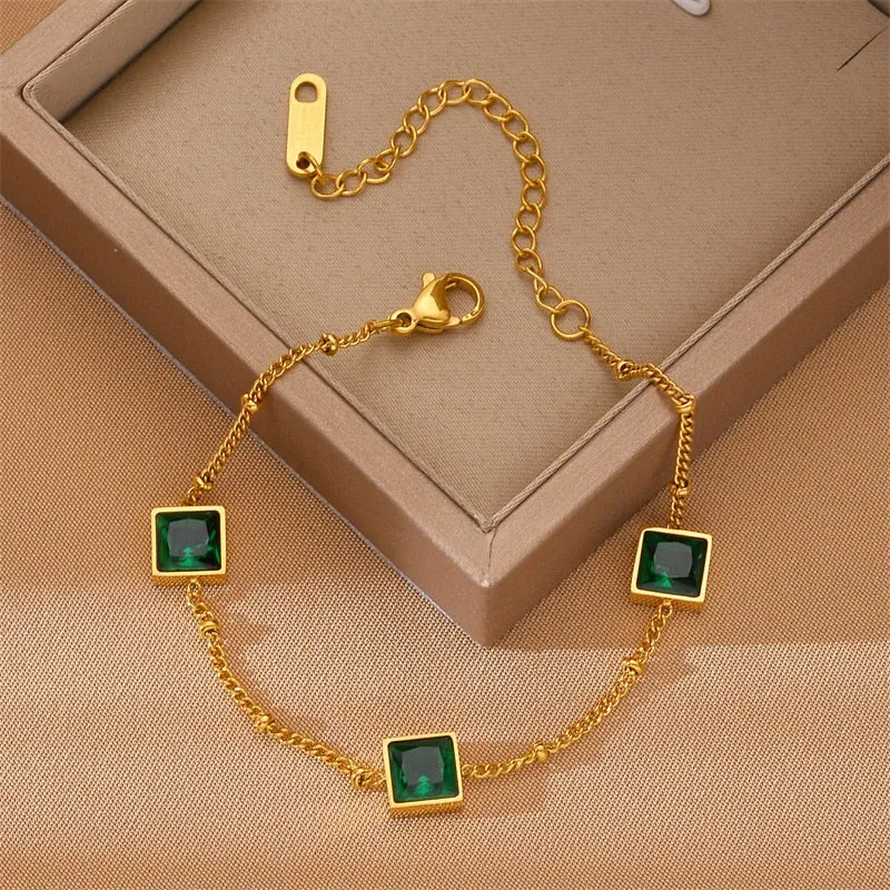 Fashion Green Zircon Geometric Beaded Charm Chain Bracelets Choker Necklaces For Women