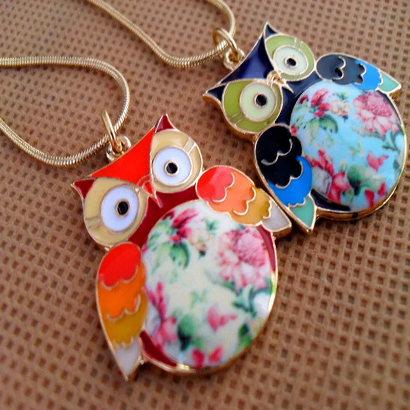 Fashion Multicolour Glaze Flower Short Design Owl Necklaces For Women The Owl Necklaces & Pendants