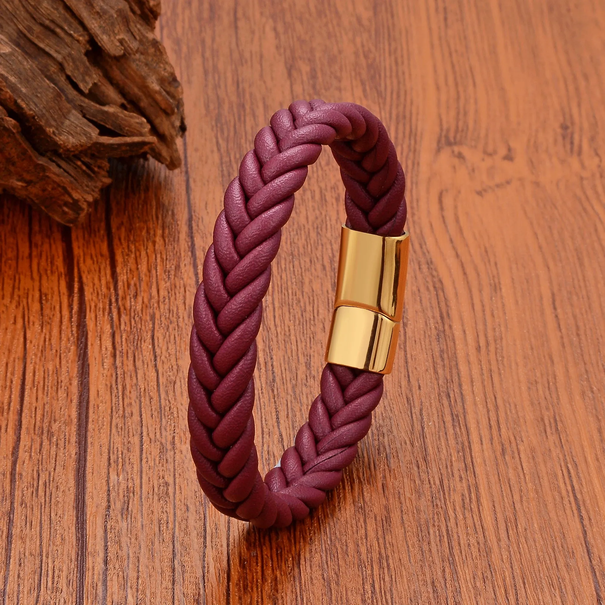 FZ Handmade Woven Leather Wrap Chain Stainless Steel Bracelet