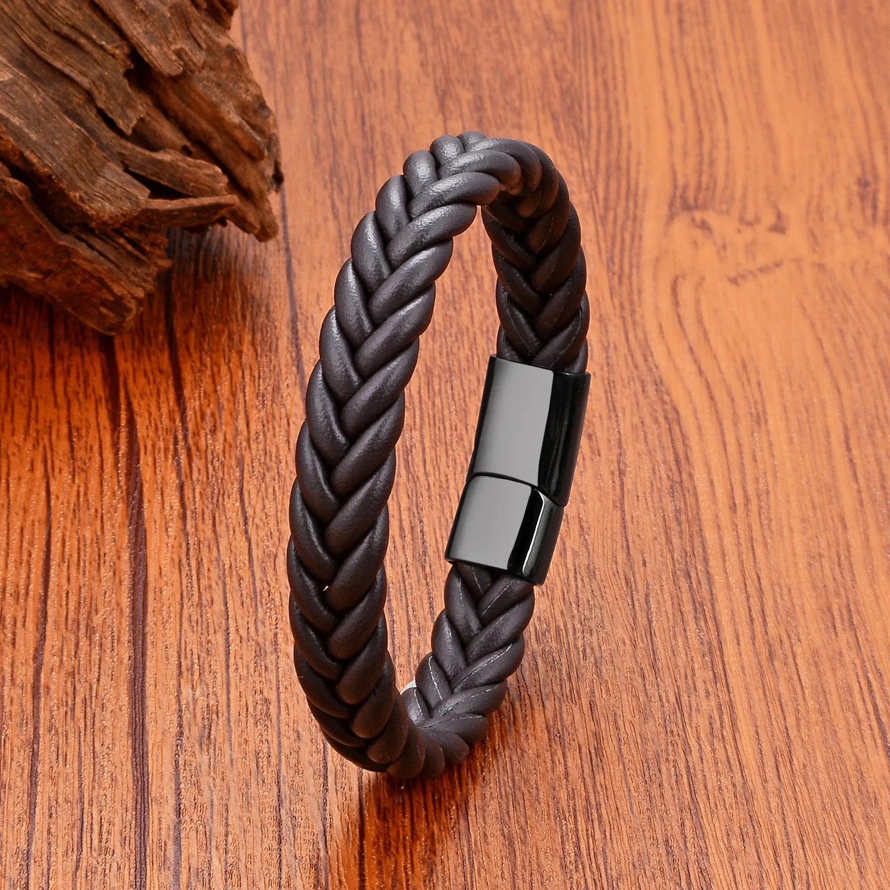 FZ Handmade Woven Leather Wrap Chain Stainless Steel Bracelet