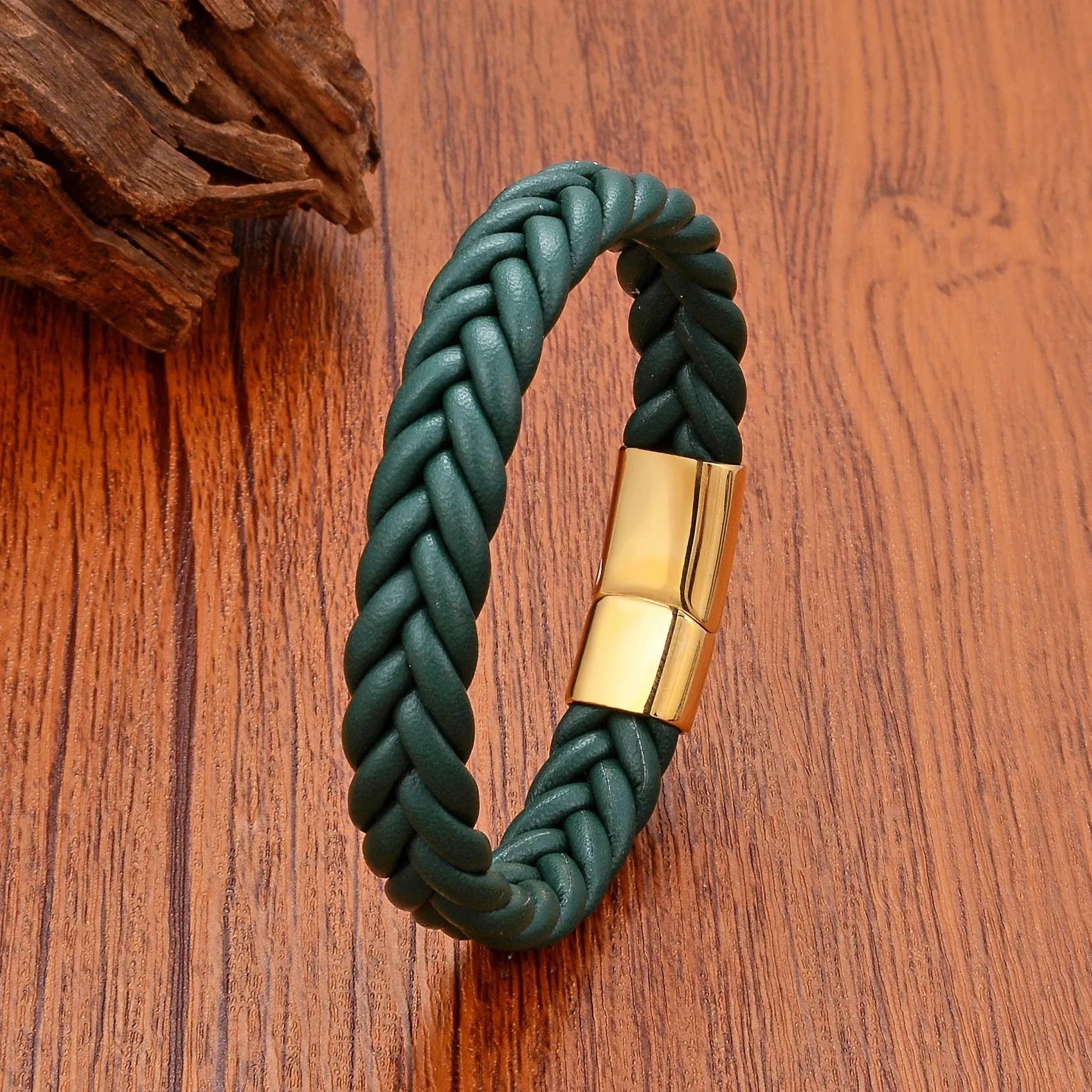 FZ Handmade Woven Leather Wrap Chain Stainless Steel Bracelet