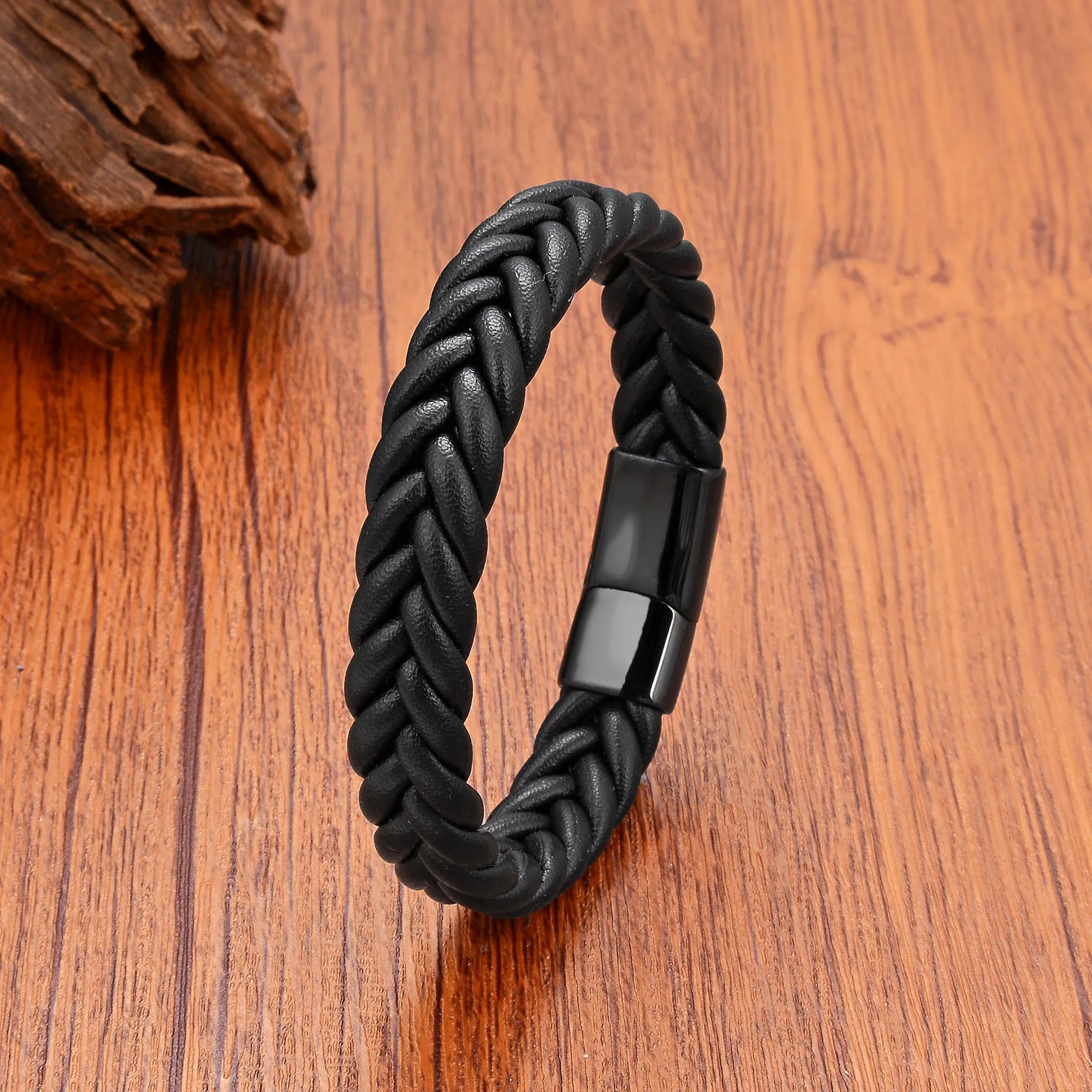 FZ Handmade Woven Leather Wrap Chain Stainless Steel Bracelet