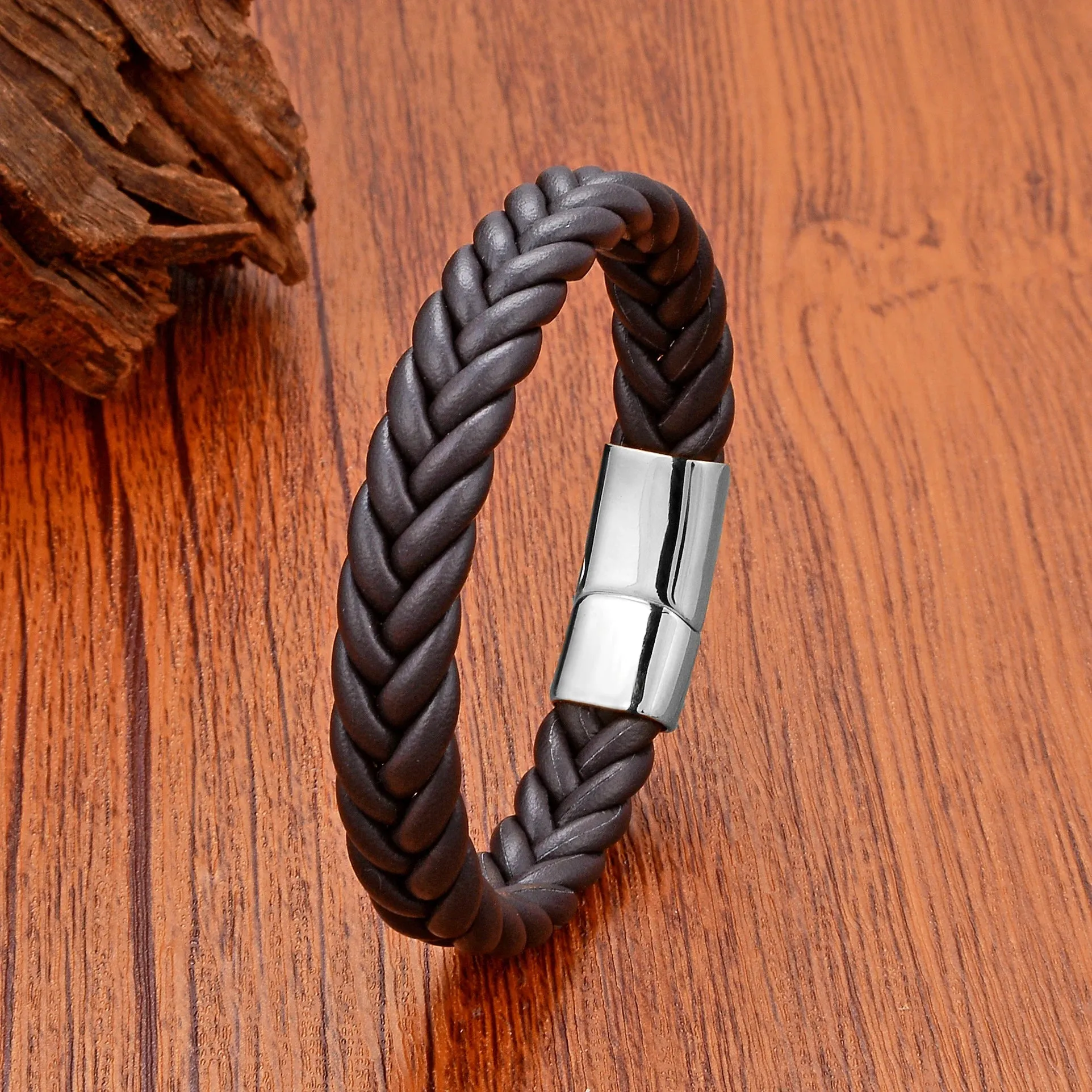 FZ Handmade Woven Leather Wrap Chain Stainless Steel Bracelet