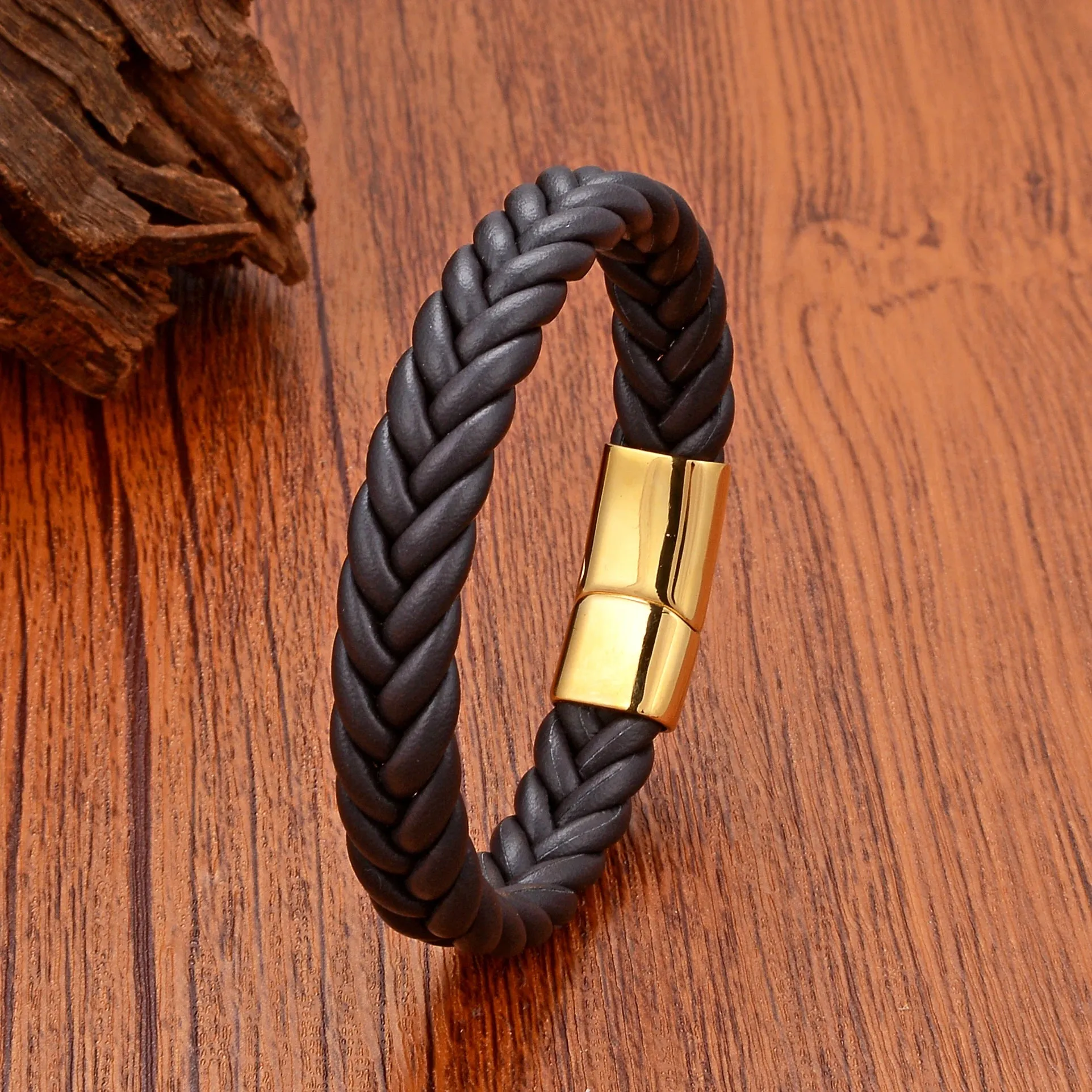 FZ Handmade Woven Leather Wrap Chain Stainless Steel Bracelet