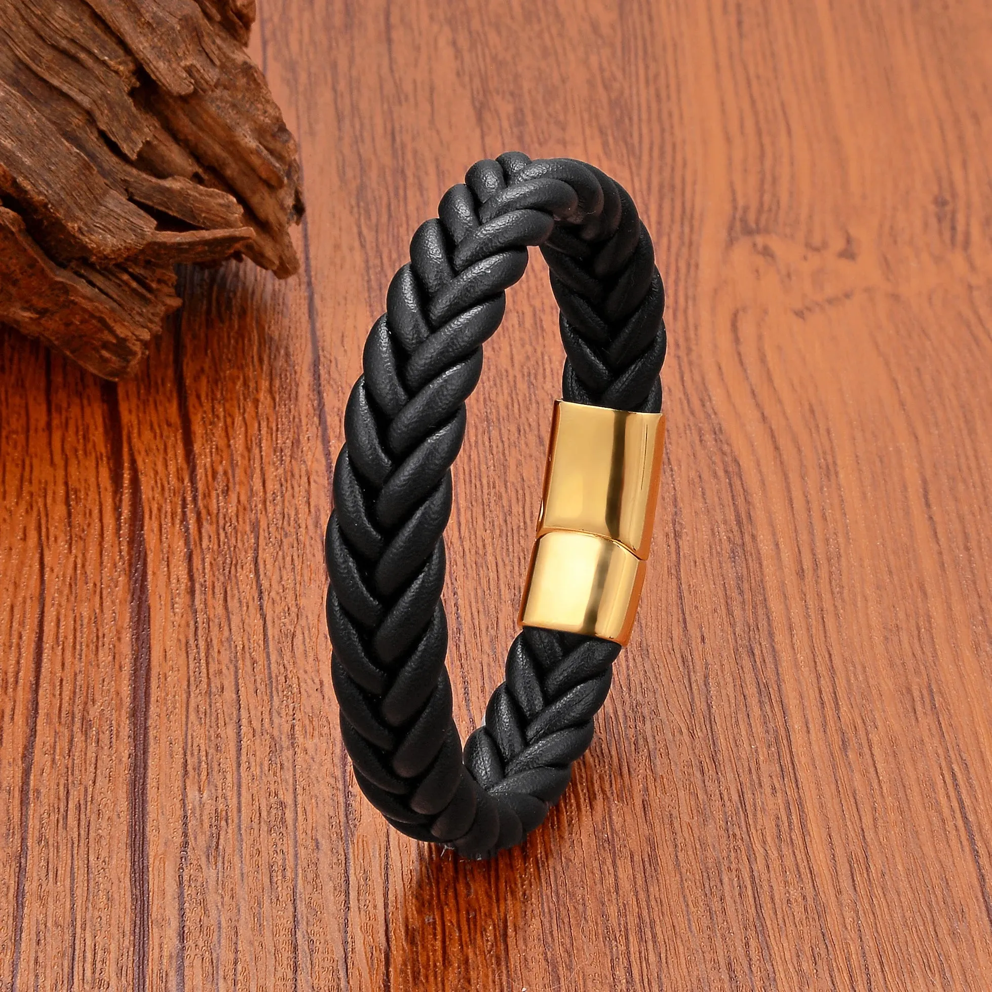 FZ Handmade Woven Leather Wrap Chain Stainless Steel Bracelet