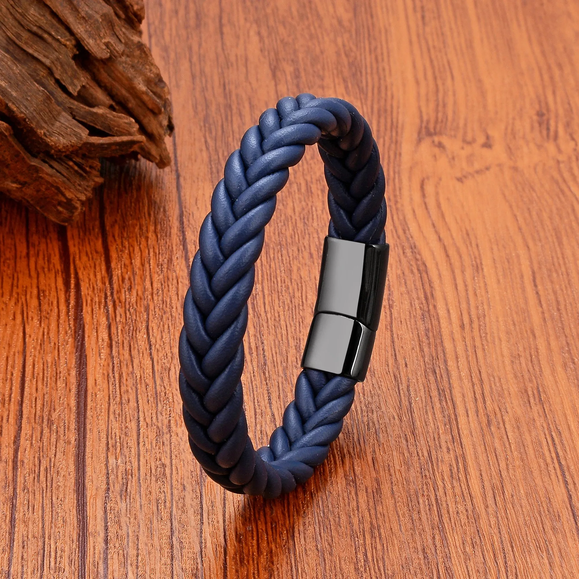 FZ Handmade Woven Leather Wrap Chain Stainless Steel Bracelet