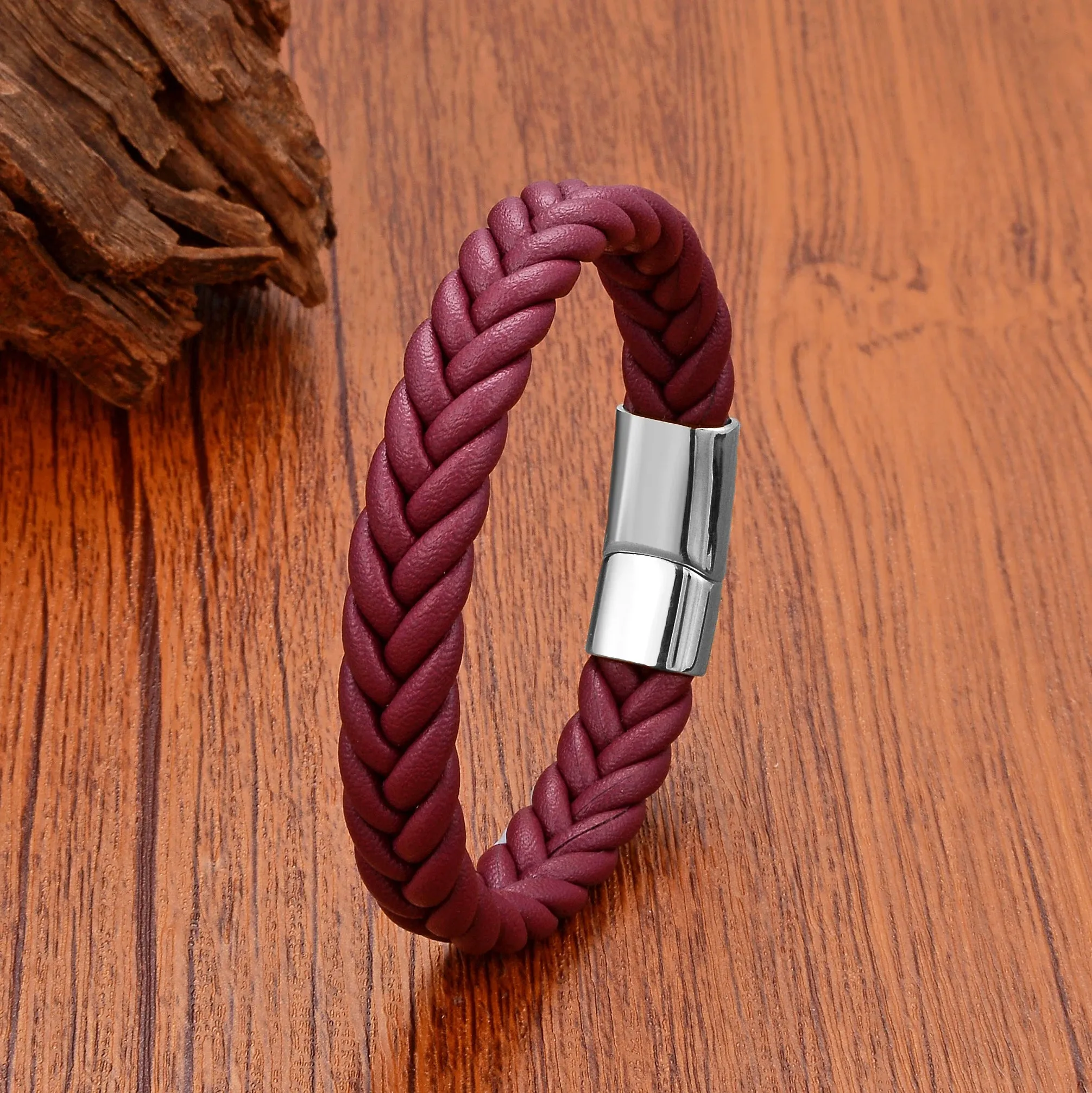 FZ Handmade Woven Leather Wrap Chain Stainless Steel Bracelet
