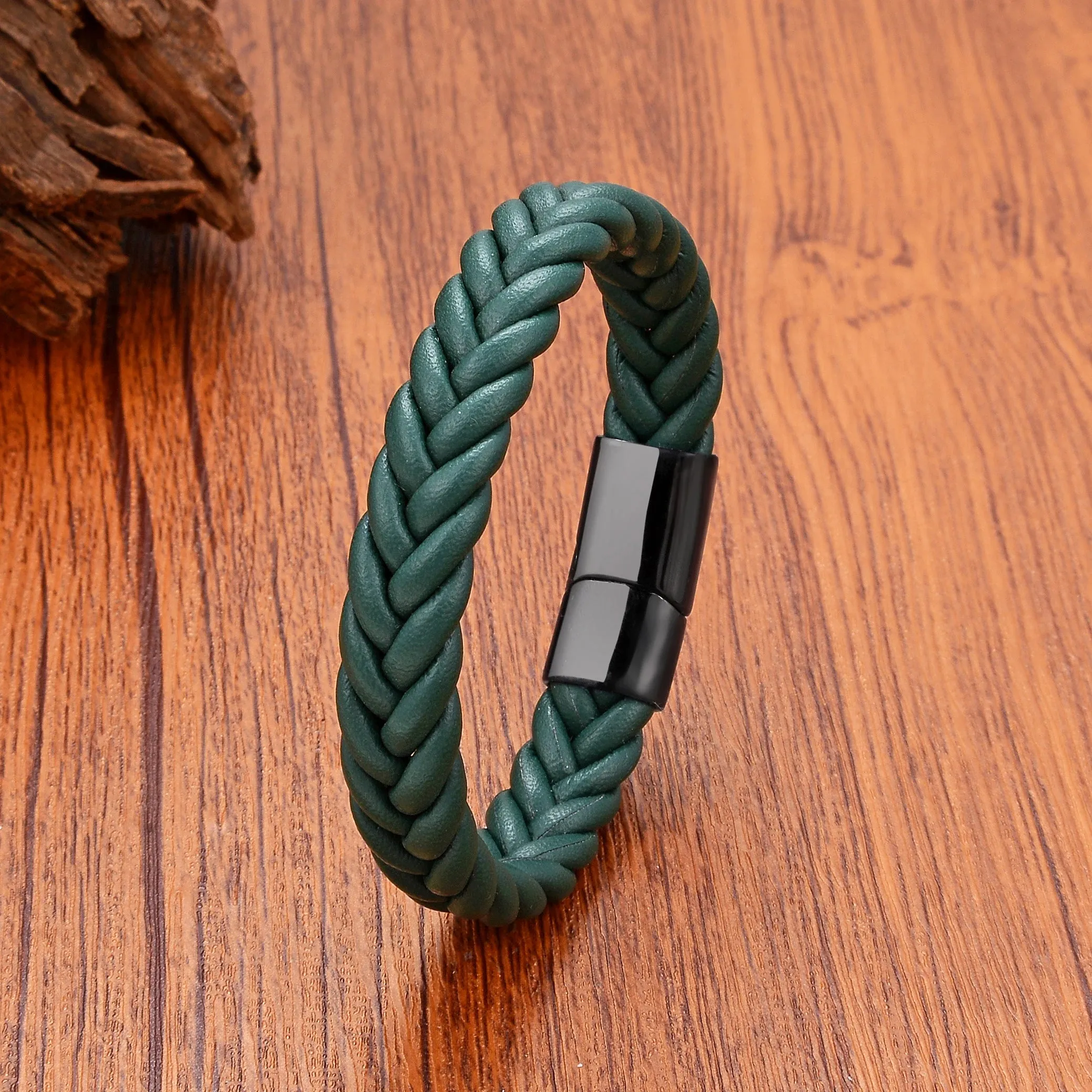 FZ Handmade Woven Leather Wrap Chain Stainless Steel Bracelet