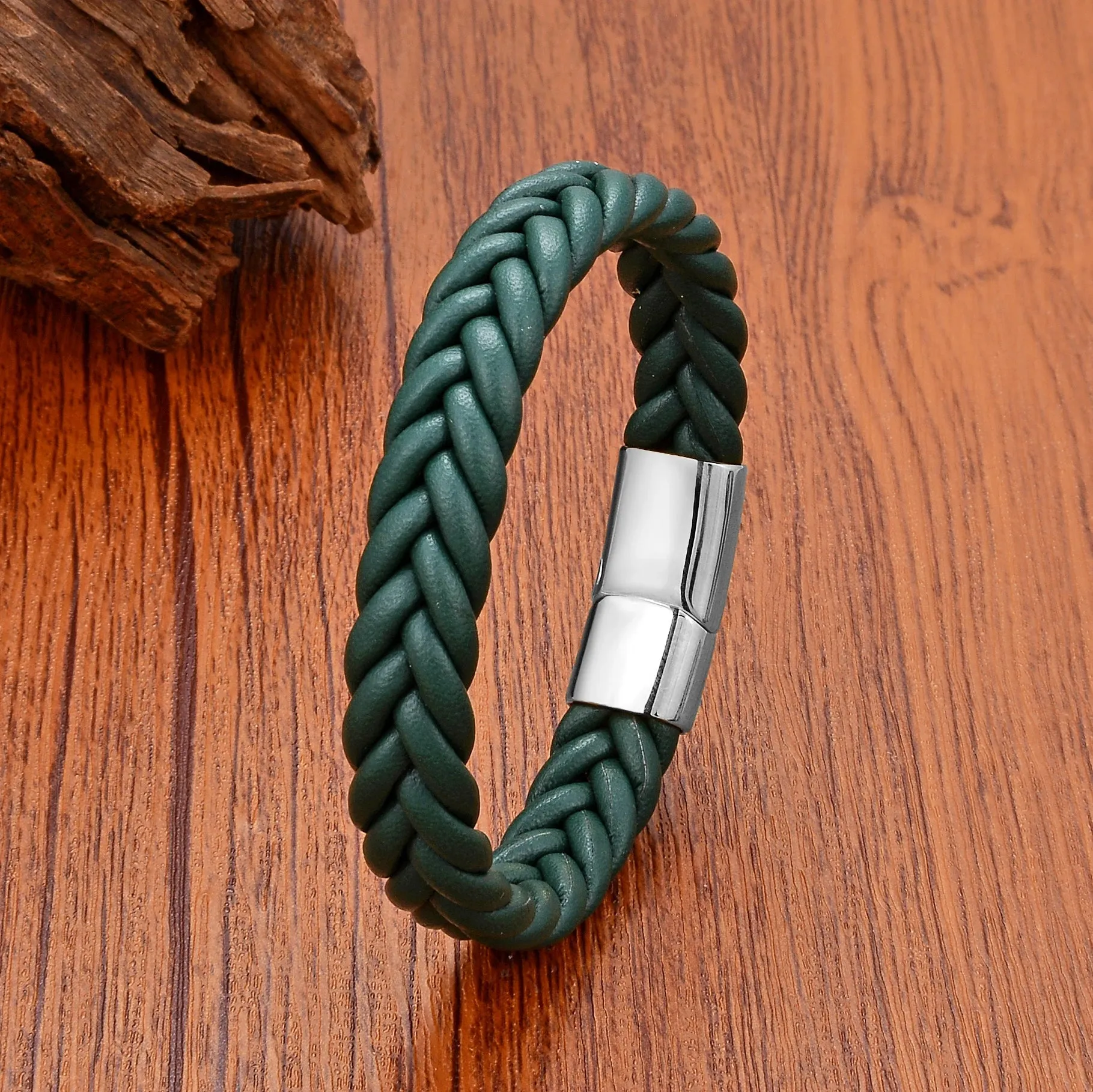 FZ Handmade Woven Leather Wrap Chain Stainless Steel Bracelet