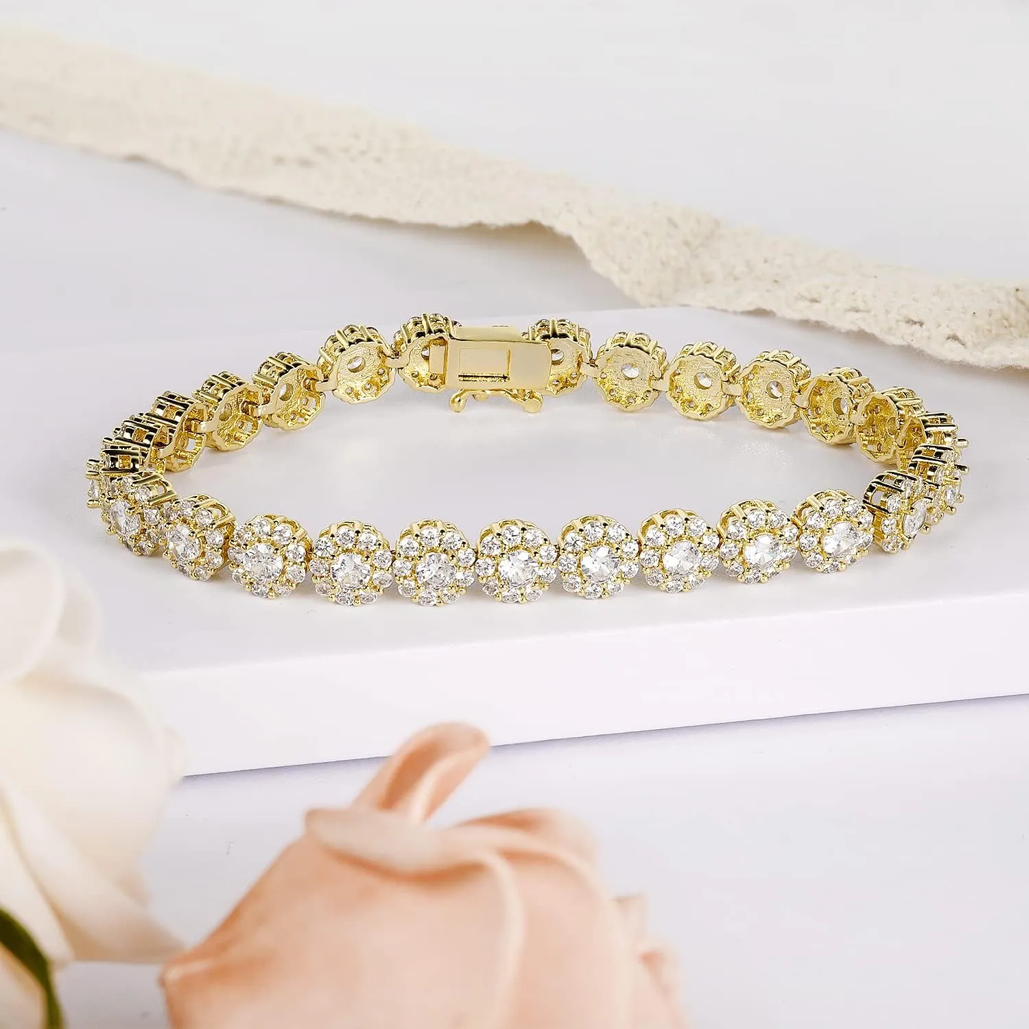 Gemsme 18K Yellow Gold/White Gold Plated Halo Bracelet Classic Hypoallergenic 3.5mm Cubic Zirconia Tennis Bracelet for Women 6.5-8.5 Inch