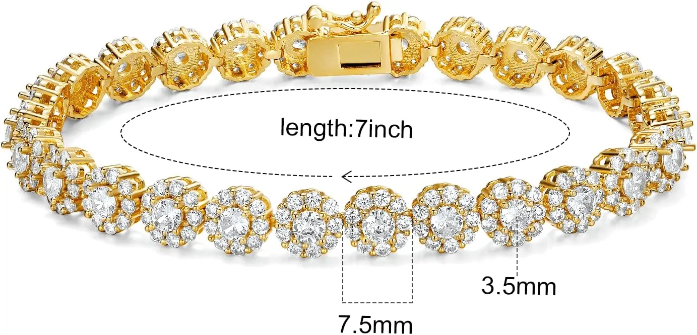 Gemsme 18K Yellow Gold/White Gold Plated Halo Bracelet Classic Hypoallergenic 3.5mm Cubic Zirconia Tennis Bracelet for Women 6.5-8.5 Inch