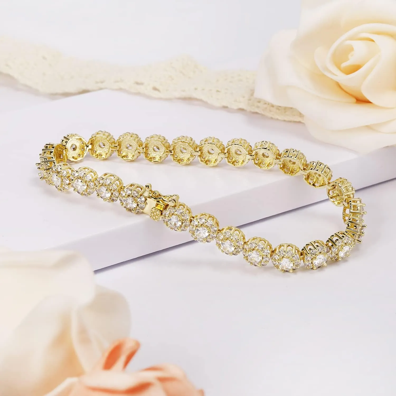 Gemsme 18K Yellow Gold/White Gold Plated Halo Bracelet Classic Hypoallergenic 3.5mm Cubic Zirconia Tennis Bracelet for Women 6.5-8.5 Inch