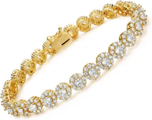Gemsme 18K Yellow Gold/White Gold Plated Halo Bracelet Classic Hypoallergenic 3.5mm Cubic Zirconia Tennis Bracelet for Women 6.5-8.5 Inch