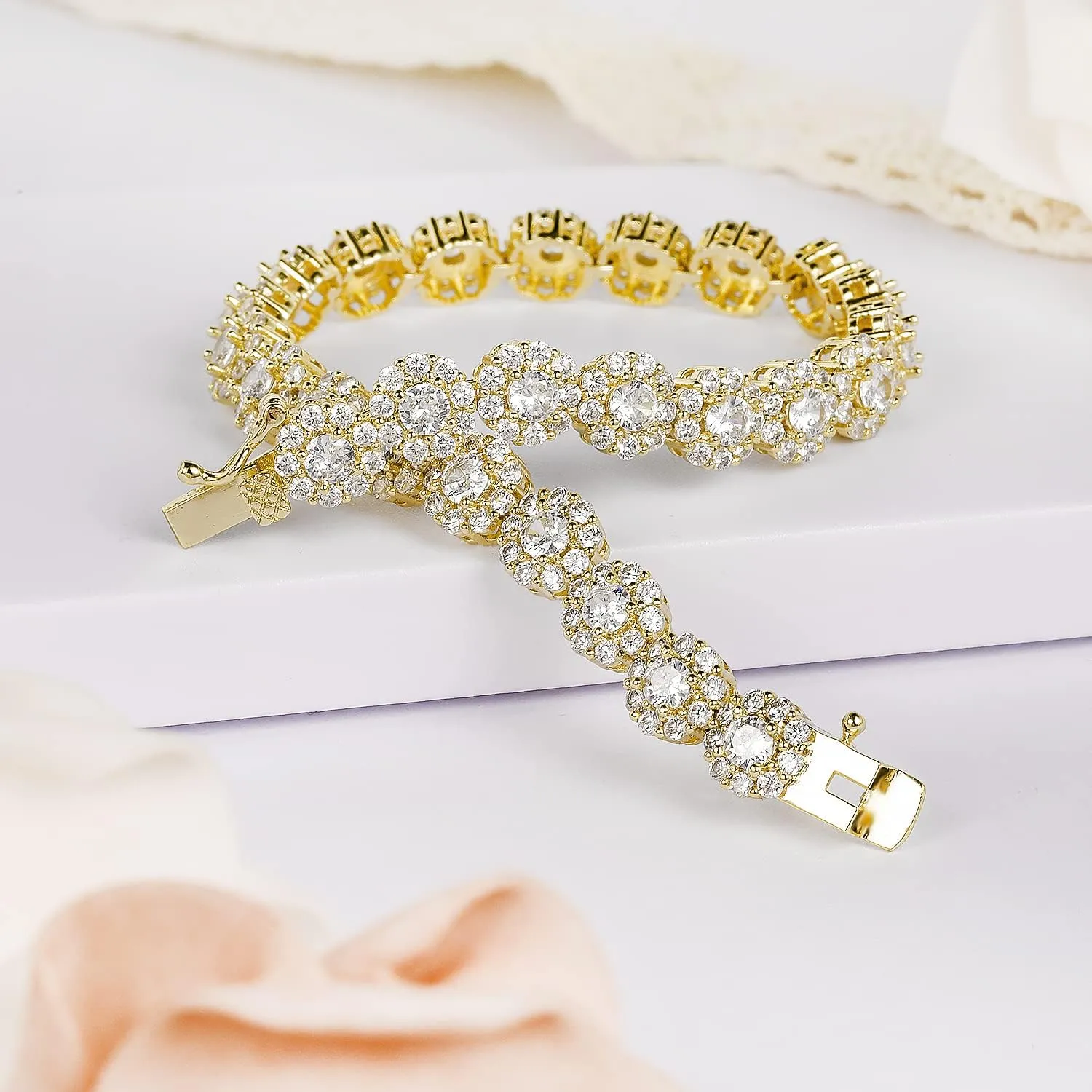 Gemsme 18K Yellow Gold/White Gold Plated Halo Bracelet Classic Hypoallergenic 3.5mm Cubic Zirconia Tennis Bracelet for Women 6.5-8.5 Inch